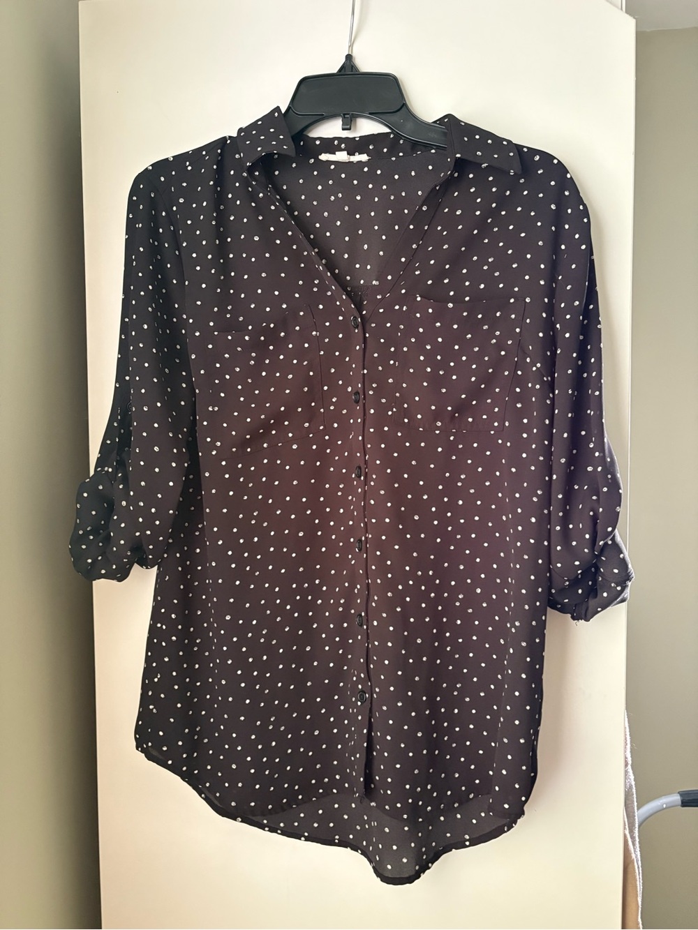 Maurices Black Button-Down Shirt with White Polka Dots
